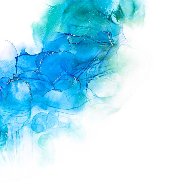 istock Alcohol ink art abstract square template. Vivid blue and green gradient and gold glitter on white background. 1442942245