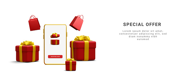 3d realistic banner for online shopping in your store with smartphone, shopping bag and gift box isolated on white background.  Vector illustration.