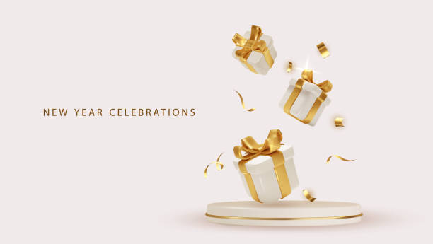 메리 크리스마스 제품 연단 장면 3d 현실적인 흰색 선물 상자 황금 활과 휴일 장식, . 현실적인 벡터 휴일 개념입니다. 축제 배너 디자인 - backgrounds greeting card bow anniversary stock illustrations