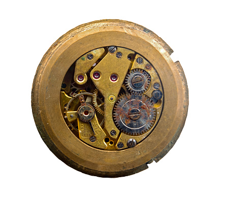 old Clockwork details, pinions and wheels macro closeup isolated on white