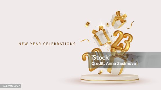 istock 2023 Happy New Year. 3d realistic gift box with Golden metal number fly over the podium. Christmas Poster, banner, cover card, brochure, flyer, layout design 1442945497