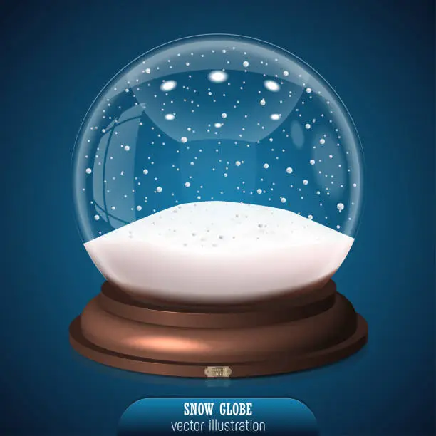Vector illustration of 2023 Christmas snow globe with snowflakes on blue background. Merry Christmas and Happy New Year 2023. Realistic christmas snow globe for Your business project. Vector Illustration