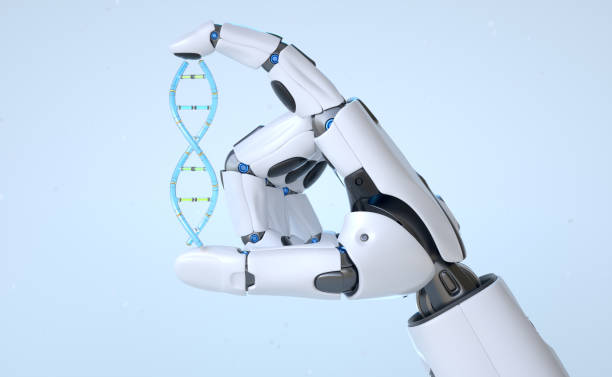 robot androide de la mano sosteniendo el adn cibernético - brazo robótico fotografías e imágenes de stock