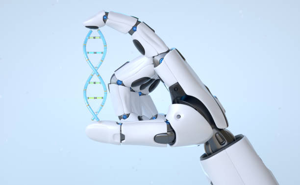 Robot android hand holding cyber DNA Robot android hand holding cyber DNA. 3D illustration robotic arm stock pictures, royalty-free photos & images