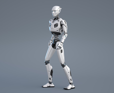 Robot android posing on a gray background. 3D illustration