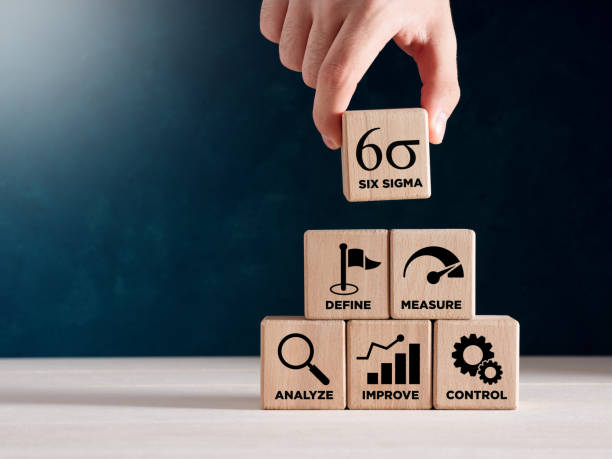 istock Six sigma model, lean manufacturing, quality control and industrial process improvement concept. 1442947511