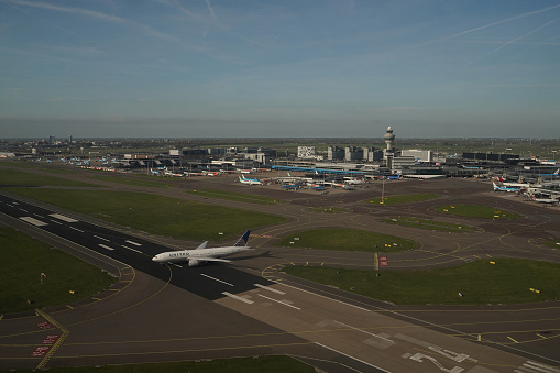 Schiphol Airport in Amsterdam, one of the busiest airports in the world with more than 63 million passengers a year aerial view
