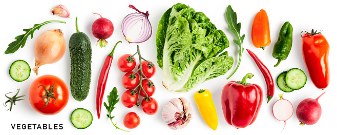 Different salad vegetables set. Tomato, pepper, cucumber, rucola, onion, garlic, radish and lettuce isolated on white background. Healthy eating concept. Creative layout. Flat lay, top view