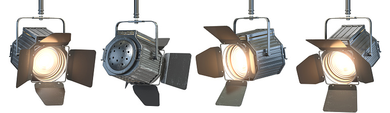 Set of illuminated spotlights isolated on white, lighting stage equipment. 3d illustration