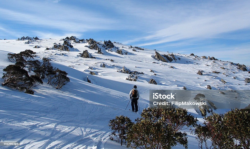 Off Piste Skiing in the Snowy Mountains, Australia A skier heads out off piste into the backcountry highlands of the Australian Alps, near Thredbo, NSW Australia Stock Photo