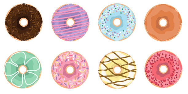 흰색 배경에 달콤한 도넛 컬렉션의 벡터 그림 - donut stock illustrations