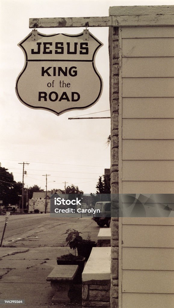 Jesus - King of the Road Roadside evangelism on a sign along Historic Route 66 in Cuba, Missouri. Christianity Stock Photo