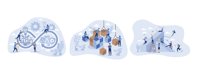Circular economy manufacturing cycle, sustainable strategy tiny person concept, Solving problem and difficult work teamwork assemble tiny persons, Reaching for career goals and success, set flat vector modern illustration