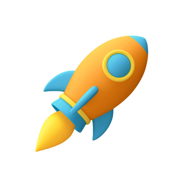 istock Orange and blue spaceship icon. Cartoon rocket isolated on white 1442957848
