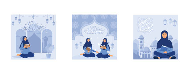 Reading the holy Quran flat design concept, Women reading the Quran in the month of Ramadan, Muslims reciting verses, Can use for web landing page, banner, ui, set flat vector modern illustration Reading the holy Quran flat design concept, Women reading the Quran in the month of Ramadan, Muslims reciting verses, Can use for web landing page, banner, ui, set flat vector modern illustration verses stock illustrations