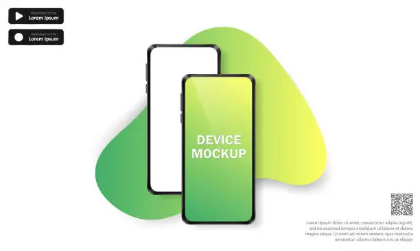 Vector illustration of Vector background with two 3d modern phones and green spot decoration.