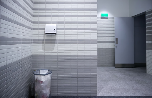 Toilet paper boxes on the wall and waste bins on the floor in the restroom, Interior background