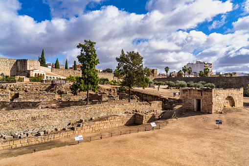 Merida, Spain - November 05, 2022: Arab Fortress Alcazaba near Guadiana river in Merida, Spain, region of Extremadura. Built in 836 by emir Abderraman II. UNESCO World Heritage Site.