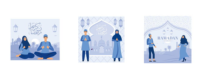 happy ramadan mubarak greeting concept with people character for web landing page template, banner, presentation, social, and print media, Beautiful backgrounds for Ramadan greetings with couple of Muslim character and text of marhaban ya ramadan, islamic eid fitr or adha, set flat vector modern illustration