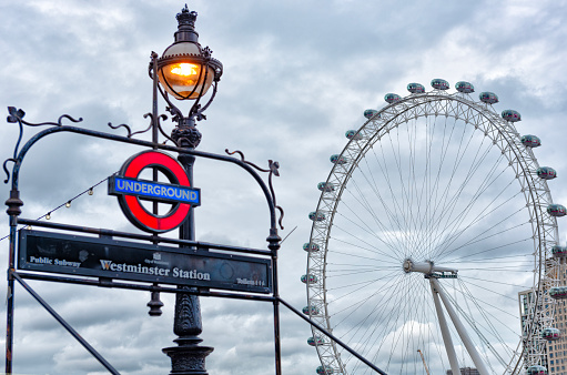 Subway sign, a street lamp and the London Wheel, powerful symbols of modern London