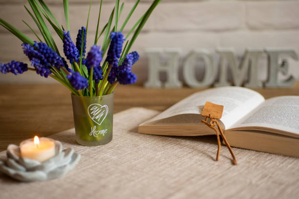 Grape Hyacinth bouquet with book and word home
