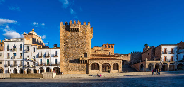 Caceres, Spain - November 08, 2022: Bujaco Tower, Torre de Bujaco in Caceres Main Square, Extremadura, Spain The most important tower and one of the symbols of the city. Built in the 12th century