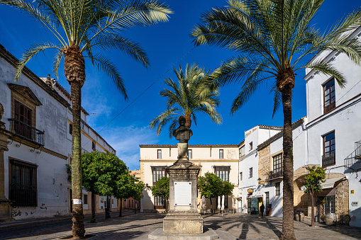 Jerez de la Frontera, Spain - Nov 15, 2022: The bell tower of the church of San Marcos. Jerez de la Frontera, Andalusia, Spain