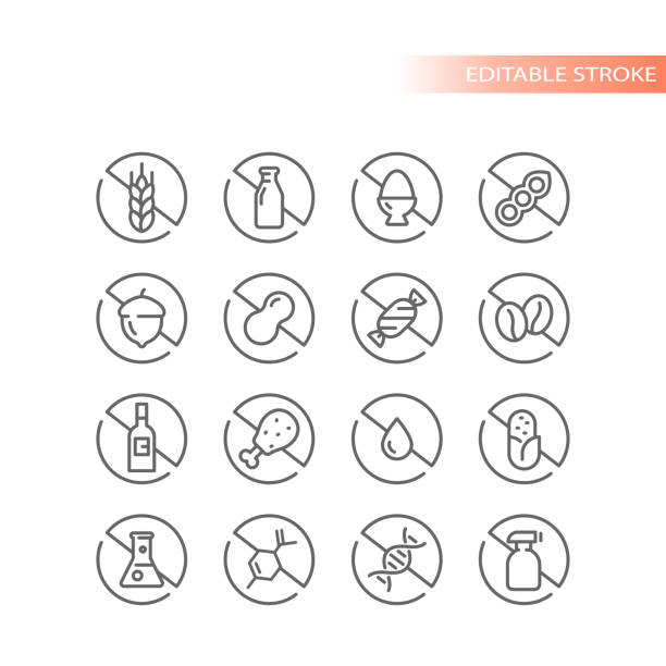 Food ingredients and allergen vector icon set Gluten, lactose and alcohol free, no preservatives label badge set lactose fermentation stock illustrations