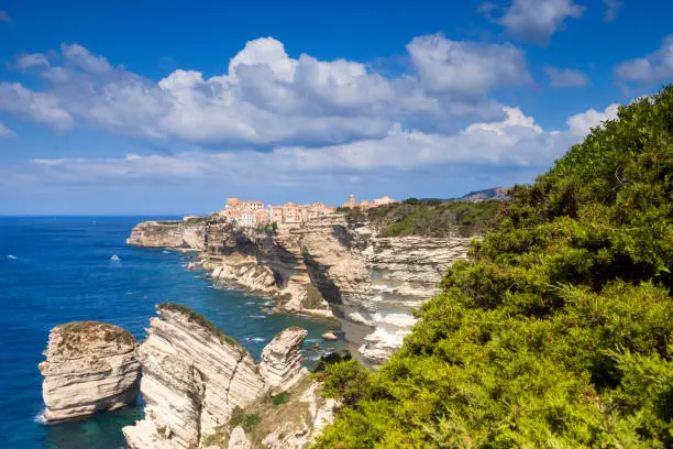 fortified town of Bonifacio high on the chalk cliffs on a sunny summer day; Bonifacio, France
