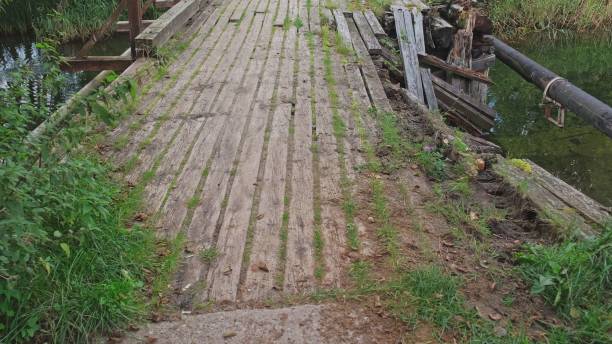 istock Old Damaged Collapsed Wooden Bridge over Shallow River 1442973462