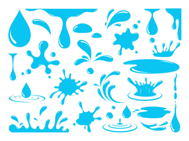 Water or oil drops Water or oil drops. Vector icon set of urrent drops, waves, tears, spray, nature splashes isolated on white background. Dripping liquid. Water spill. Aqua drop element. Raindrop and sweat drops. splashing stock illustrations