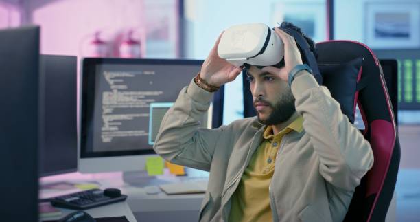 Virtual reality glasses of coding man or programmer on computer monitor in information technology software development. VR, 3d metaverse of IT engineer or gaming developer code for digital innovation