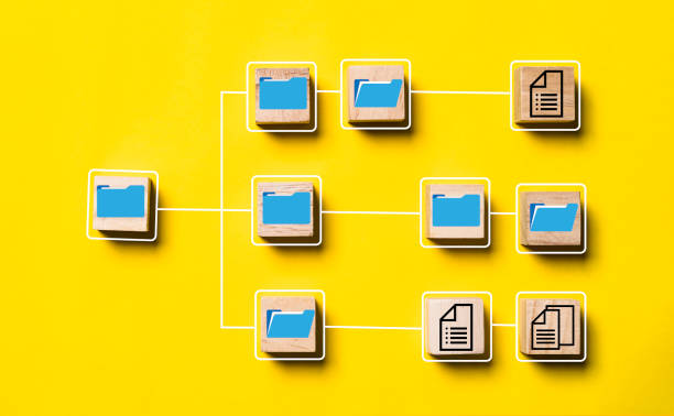 istock Blue folder and document icon print screen on wooden block cube and flow diagram for document management system concept. 1442974355