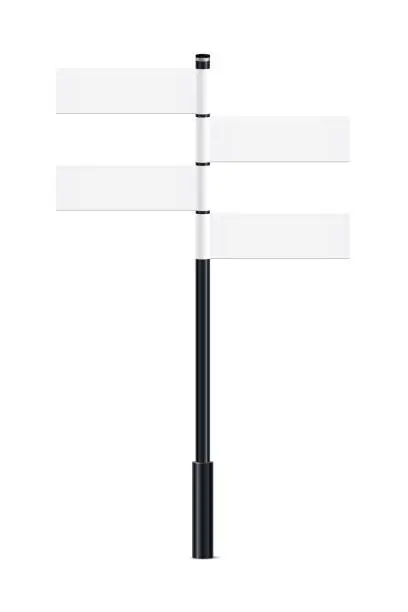 Vector illustration of Bollard with empty signs, billboards pointing direction forward, 3d black pillar