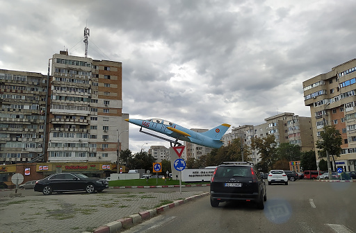 Buzau, Romania - September 12, 2022: monument to the airplane fighter at Buzau, Romania