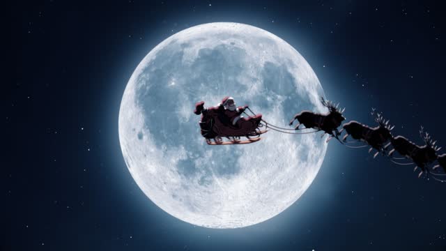 Santa Claus riding on sleigh with gift box, Happy New Year greeting animation.