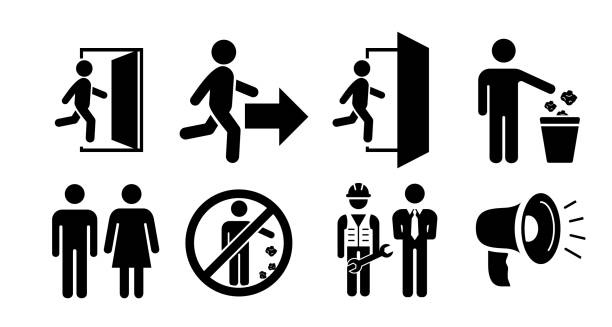 사람과 표지판. 쇼핑몰, 쇼핑 상점, 건설 및 웹 디자인 개념. - dont walk signal stock illustrations