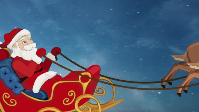 Santa Claus and his Reindeer on full moon. You can put your own text or logo at the end of the video. The concept of Merry christmas, new year, gift box, moon, greeting, holiday, illustration,