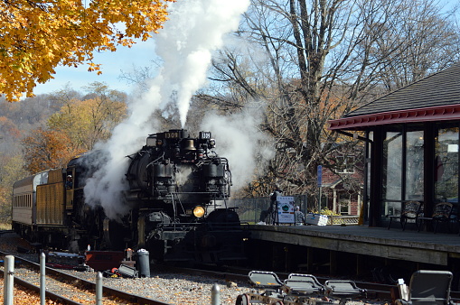 Carson City, Nevada USA - January 11, 2022: Historic vintage Steam train located on the grounds outside at the Nevada State Railroad Museum in Carson City.