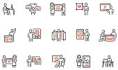 istock Vector set of linear icons related to work with digital technology, online business, development, programming and engineering. Mono line pictograms and infographics design elements - part 3 1442981909