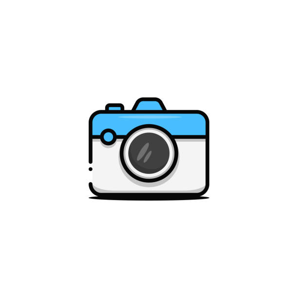 ilustraciones, imágenes clip art, dibujos animados e iconos de stock de icono de la cámara ilustrada azul blanca minimalista - cámara