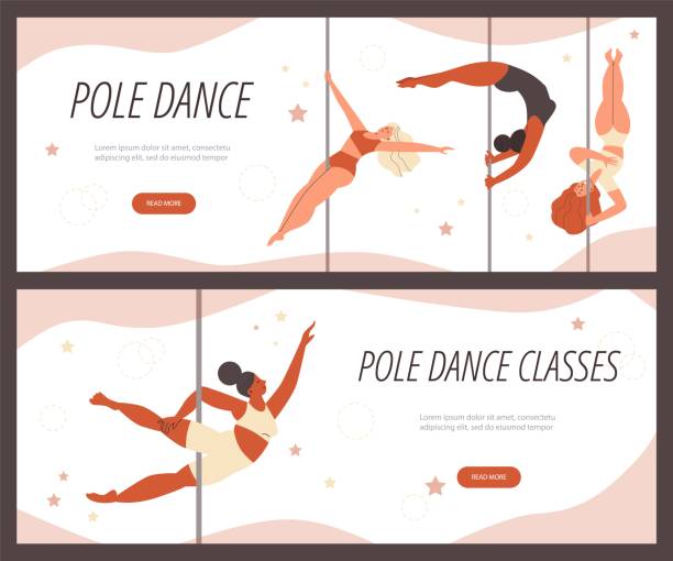 Pole dance classes advertising web banners set, flat vector illustration. Pole dance classes advertising web banners set, flat vector illustration. Diverse women performing pole dance on vertical pylon. Workout class posters. Concepts of sport and gymnastics. black pole dancers stock illustrations