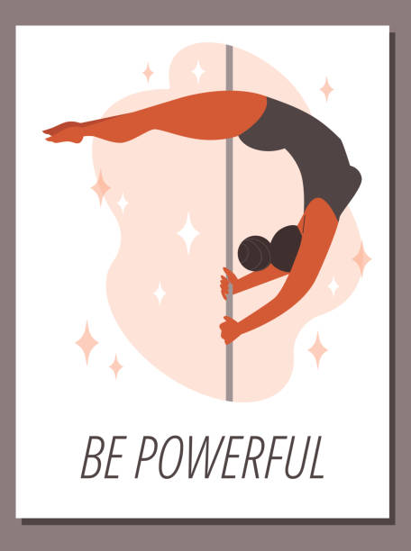 Powerful woman performing pole dance, poster template - flat vector illustration. Powerful woman performing pole dance, poster template - flat vector illustration. Pole dance classes or school advertising. Pole dancing on vertical pylon. Concepts of sport and gymnastics. black pole dancers stock illustrations