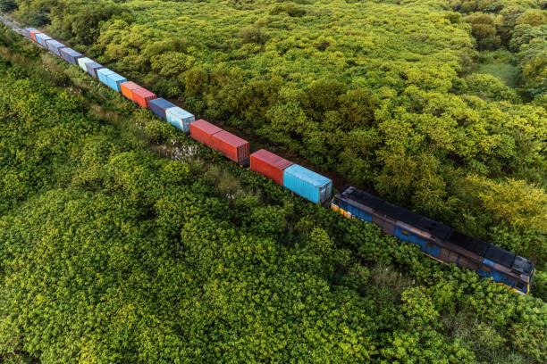 high angle view of freight train. - goederentrein stockfoto's en -beelden