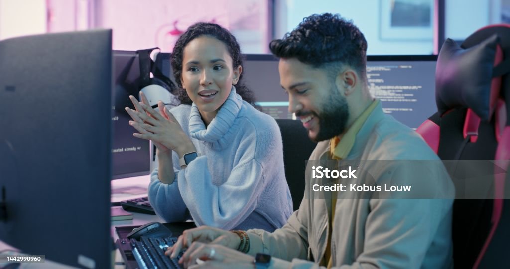 Computer Coding Programmer And Programming Talking Typing And Teamwork ...