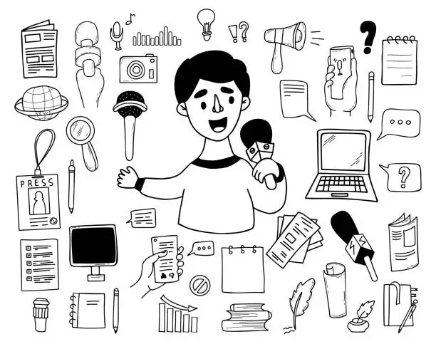 Vector illustration of collection journalism vector doodles. Male journalist reporter presenter with microphone, hands with voice recorder, broadcast recording, laptop, newspaper and messages. Isolated linear hand drawns.