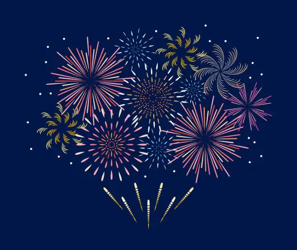 Vector illustration of Vector flat fireworks. Bright colored festive firecracker on dark background. Cartoon illustration of flashes. Design element, banner, card.