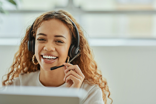 Call center, telemarketing or black woman support consultant portrait for crm, ecommerce help or virtual advice. Online advisor, IT or information technology agent talking solution, helping with loan
