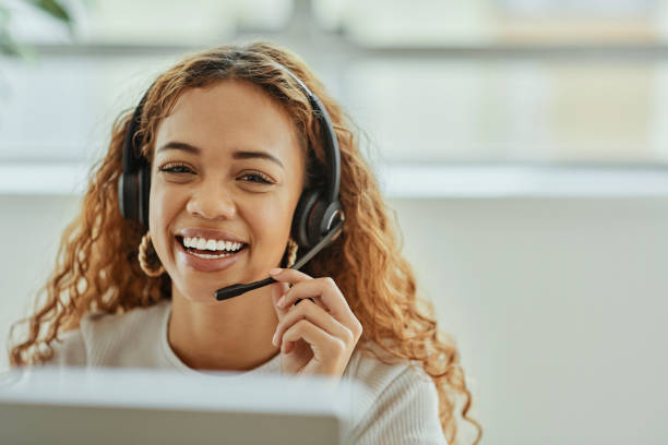 call center, telemarketing or black woman support consultant portrait for crm, ecommerce help or virtual advice. online advisor, it or information technology agent talking solution, helping with loan - receptionist customer service customer service representative imagens e fotografias de stock