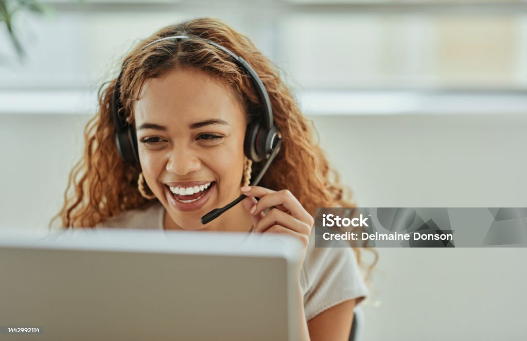 Call center, telemarketing sales woman or support agent with computer for virtual consulting, advice or help with IT software. Ecommerce, information technology or online advisor talk to website user Service Stock Photo